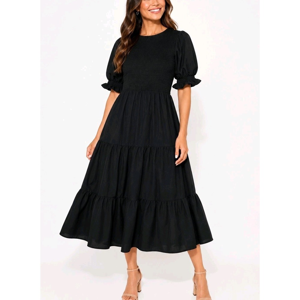 NWT BTFBM Black Smocked Puff Sleeve Tiered Midi Dress Size S Stretch